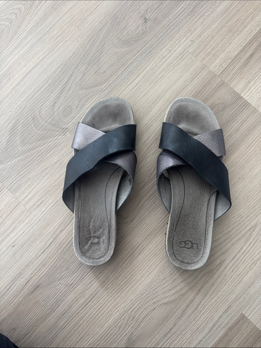 UGG Women’s Crisscross Slide Sandals in Black and Metallic Gray